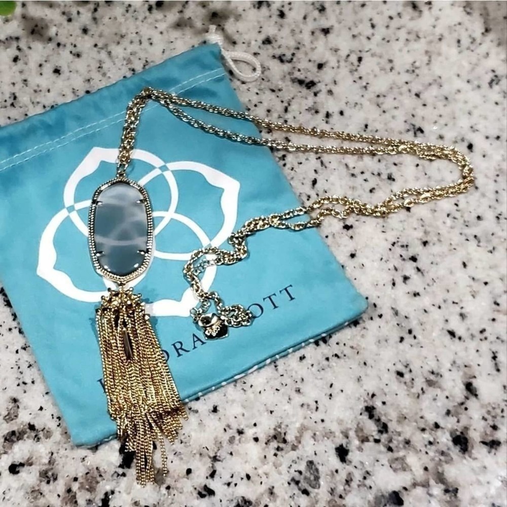 Kendra Scott Rayne slate cat's eye gold tone long tasseled necklace
